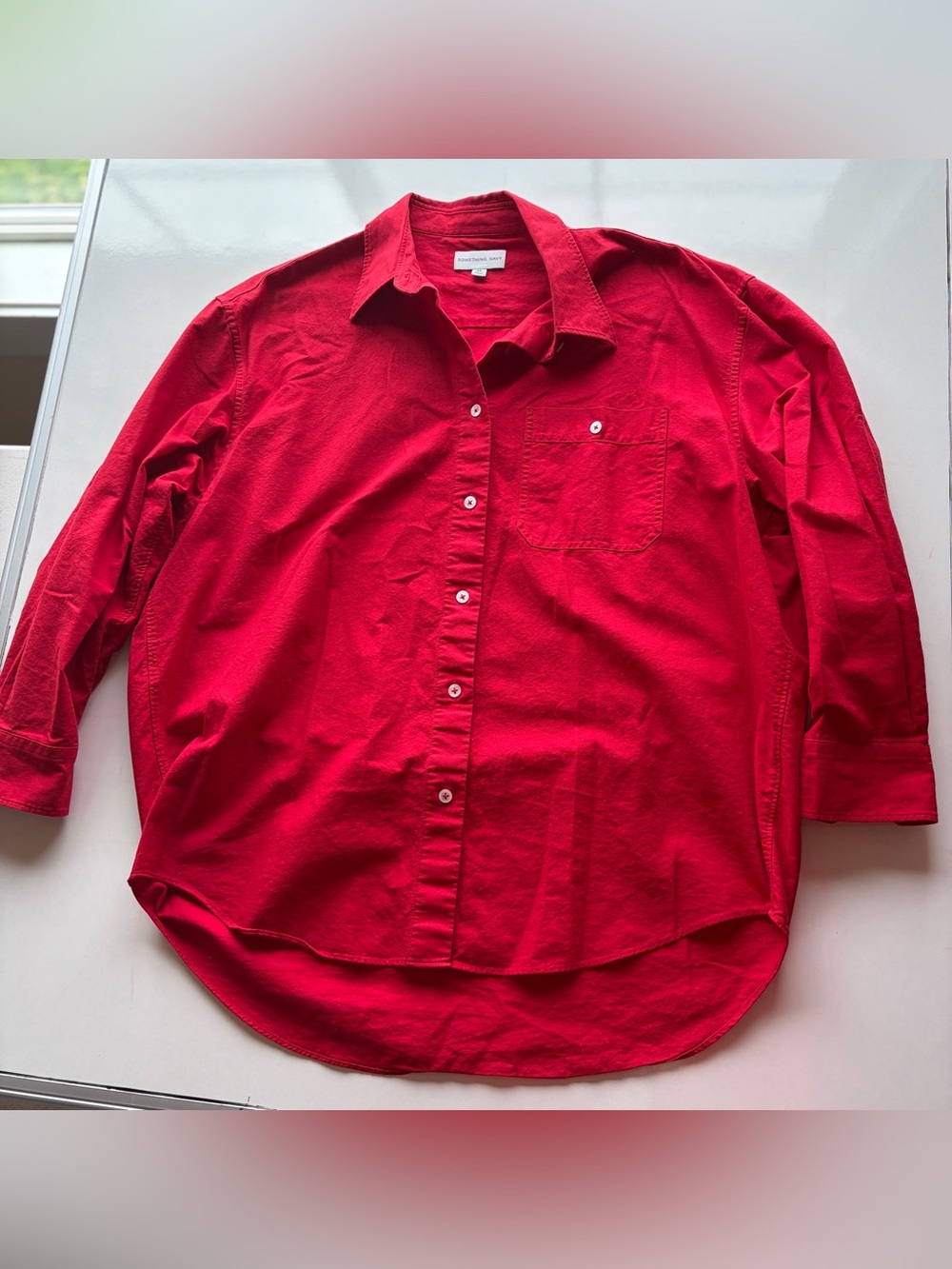 Something Navy red oversized women’s XS button down blouse shirt business